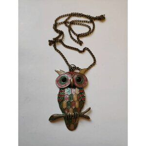 Beaded Bronze Multicolor Rhinestone Owl Pendant Chain Casual Necklace.